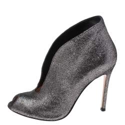 Pre Owned Gianvito Rossi Grey/Black Laminated Suede Vamp Peep-Toe Ankle Booties Size 38