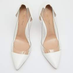 Pre Owned Gianvito Rossi White Patent Leather and PVC Plexi Pointed Toe Pumps Size 39.5