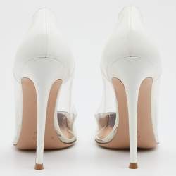 Pre Owned Gianvito Rossi White Patent Leather and PVC Plexi Pointed Toe Pumps Size 39.5