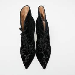 Pre Owned Gianvito Rossi Black Embroidered Velvet Empress Ankle Booties Size 39.5