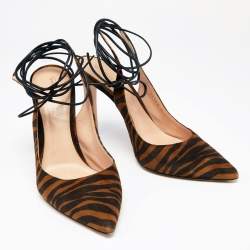 Pre Owned Gianvito Rossi Brown Zebra Print Suede Irene Ankle-Tie Pumps Size 38.5