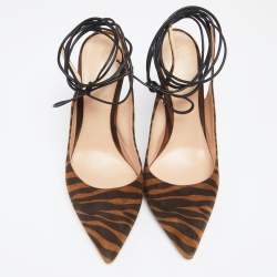 Pre Owned Gianvito Rossi Brown Zebra Print Suede Irene Ankle-Tie Pumps Size 38.5