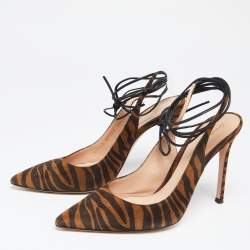 Pre Owned Gianvito Rossi Brown Zebra Print Suede Irene Ankle-Tie Pumps Size 38.5