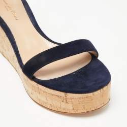 Pre Owned Gianvito Rossi Navy Blue Suede Cork Wedge Platform Ankle-Strap Sandals Size 39.5