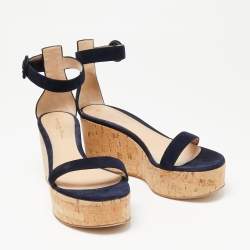 Pre Owned Gianvito Rossi Navy Blue Suede Cork Wedge Platform Ankle-Strap Sandals Size 39.5