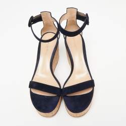 Pre Owned Gianvito Rossi Navy Blue Suede Cork Wedge Platform Ankle-Strap Sandals Size 39.5
