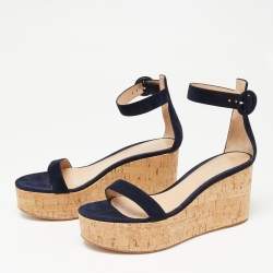 Pre Owned Gianvito Rossi Navy Blue Suede Cork Wedge Platform Ankle-Strap Sandals Size 39.5