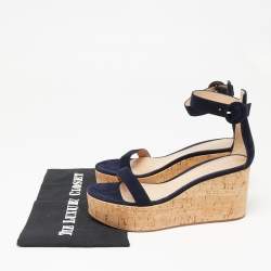 Pre Owned Gianvito Rossi Navy Blue Suede Cork Wedge Platform Ankle-Strap Sandals Size 39.5