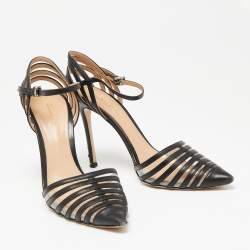 Pre Owned Gianvito Rossi Black Leather and PVC Caged Ankle-Strap Pointed-Toe Pumps Size 36.5