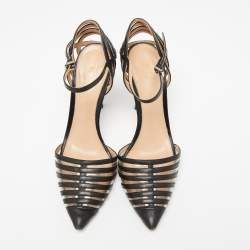 Pre Owned Gianvito Rossi Black Leather and PVC Caged Ankle-Strap Pointed-Toe Pumps Size 36.5