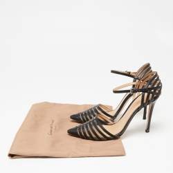 Pre Owned Gianvito Rossi Black Leather and PVC Caged Ankle-Strap Pointed-Toe Pumps Size 36.5