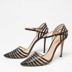 Pre Owned Gianvito Rossi Black Leather and PVC Caged Ankle-Strap Pointed-Toe Pumps Size 36.5