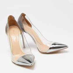 Pre Owned Gianvito Rossi Silver/Grey Leather, Suede and PVC Plexi Pumps Size 37.5