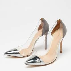 Pre Owned Gianvito Rossi Silver/Grey Leather, Suede and PVC Plexi Pumps Size 37.5