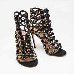 Pre Owned Gianvito Rossi Black/Gold Suede And Cutout Leather Lace Up Peep Toe Sandals Size 41