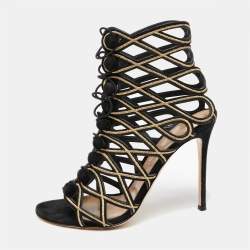 Pre Owned Gianvito Rossi Black/Gold Suede And Cutout Leather Lace Up Peep Toe Sandals Size 41