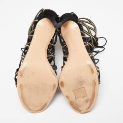 Pre Owned Gianvito Rossi Black/Gold Suede And Cutout Leather Lace Up Peep Toe Sandals Size 41