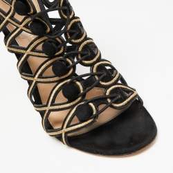 Pre Owned Gianvito Rossi Black/Gold Suede And Cutout Leather Lace Up Peep Toe Sandals Size 41
