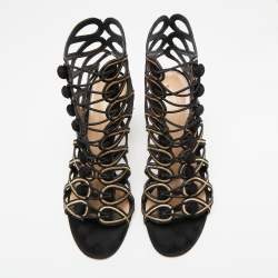 Pre Owned Gianvito Rossi Black/Gold Suede And Cutout Leather Lace Up Peep Toe Sandals Size 41