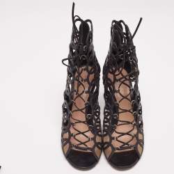 Pre Owned Gianvito Rossi Black Laser Cut Leather Lace-Up Peep-Toe Sandals Size 40