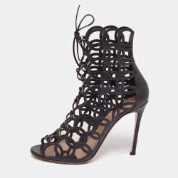 Pre Owned Gianvito Rossi Black Laser Cut Leather Lace-Up Peep-Toe Sandals Size 40