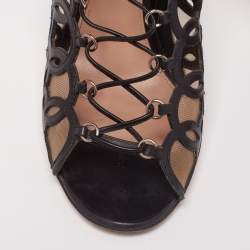 Pre Owned Gianvito Rossi Black Laser Cut Leather Lace-Up Peep-Toe Sandals Size 40