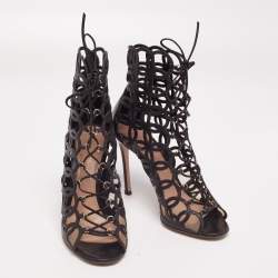 Pre Owned Gianvito Rossi Black Laser Cut Leather Lace-Up Peep-Toe Sandals Size 40