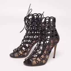 Pre Owned Gianvito Rossi Black Laser Cut Leather Lace-Up Peep-Toe Sandals Size 40