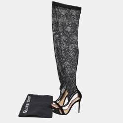 Pre Owned Gianvito Rossi Black Suede And Floral Stretch Lace Fabric Over The Knee Boot Sandals Size 37
