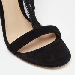 Pre Owned Gianvito Rossi Black Suede And Floral Stretch Lace Fabric Over The Knee Boot Sandals Size 37