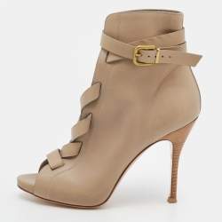 Pre Owned Gianvito Rossi Beige Leather Buckle Lace-Up Ankle Booties Size 36