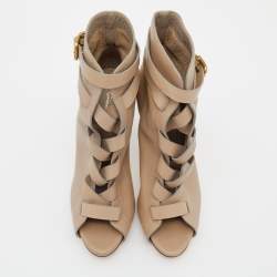 Pre Owned Gianvito Rossi Beige Leather Buckle Lace-Up Ankle Booties Size 36