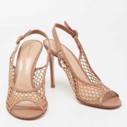 Pre Owned Gianvito Rossi Beige Honey Comb Mesh and Leather Open-Toe Slingback Sandals Size 39.5