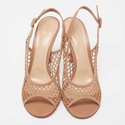 Pre Owned Gianvito Rossi Beige Honey Comb Mesh and Leather Open-Toe Slingback Sandals Size 39.5