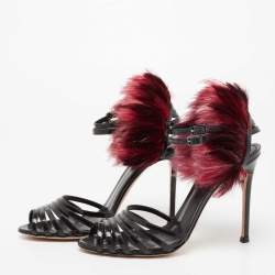 Pre Owned Gianvito Rossi Black Patent Leather And Feather Strappy Sandals Size 37.5