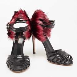 Pre Owned Gianvito Rossi Black Patent Leather And Feather Strappy Sandals Size 37.5