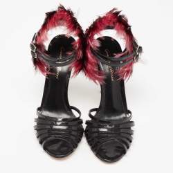 Pre Owned Gianvito Rossi Black Patent Leather And Feather Strappy Sandals Size 37.5