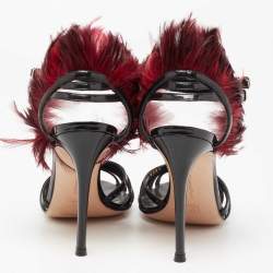 Pre Owned Gianvito Rossi Black Patent Leather And Feather Strappy Sandals Size 37.5