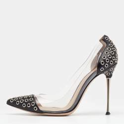 Pre Owned Gianvito Rossi Black PVC And Leather Eyelet Pointed Toe Pumps Size 37