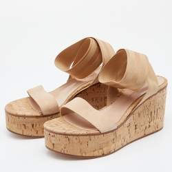 Pre Owned Gianvito Rossi Beige Suede And Elastic Strap Cork Wedge Platform Sandals Size 38