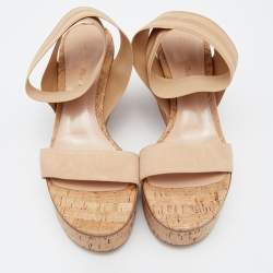 Pre Owned Gianvito Rossi Beige Suede And Elastic Strap Cork Wedge Platform Sandals Size 38