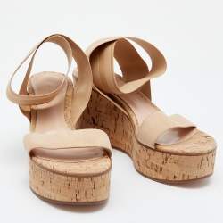 Pre Owned Gianvito Rossi Beige Suede And Elastic Strap Cork Wedge Platform Sandals Size 38