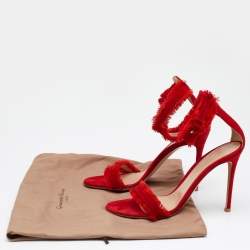 Pre Owned Gianvito Rossi Red Suede and Satin Frayed Caribe Ankle Strap Sandals Size 39