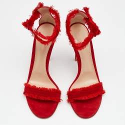 Pre Owned Gianvito Rossi Red Suede and Satin Frayed Caribe Ankle Strap Sandals Size 39