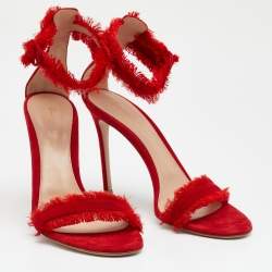 Pre Owned Gianvito Rossi Red Suede and Satin Frayed Caribe Ankle Strap Sandals Size 39