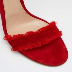 Pre Owned Gianvito Rossi Red Suede and Satin Frayed Caribe Ankle Strap Sandals Size 39