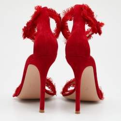 Pre Owned Gianvito Rossi Red Suede and Satin Frayed Caribe Ankle Strap Sandals Size 39