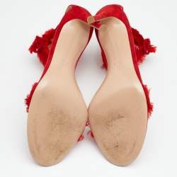 Pre Owned Gianvito Rossi Red Suede and Satin Frayed Caribe Ankle Strap Sandals Size 39