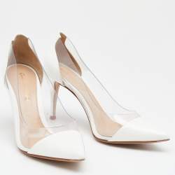 Pre Owned Gianvito Rossi White Patent Leather And PVC Plexi Pointed Toe Pumps Size 36.5