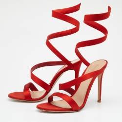 Pre Owned Gianvito Rossi Red Satin Opera Twirl Ankle Wrap Sandals Size 38.5